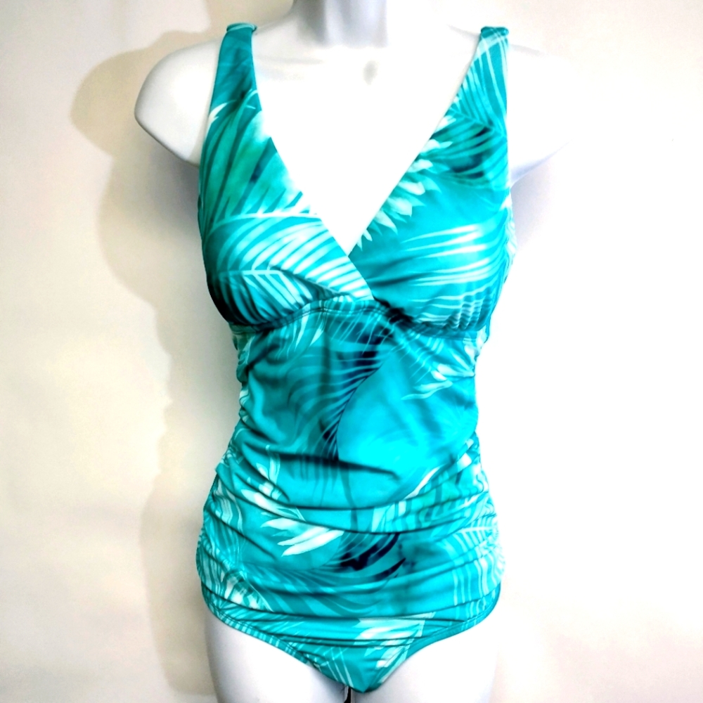 Jantzen Teal Blue Color Surplice Ruched One Piece Swimsuit Size 10  NWT